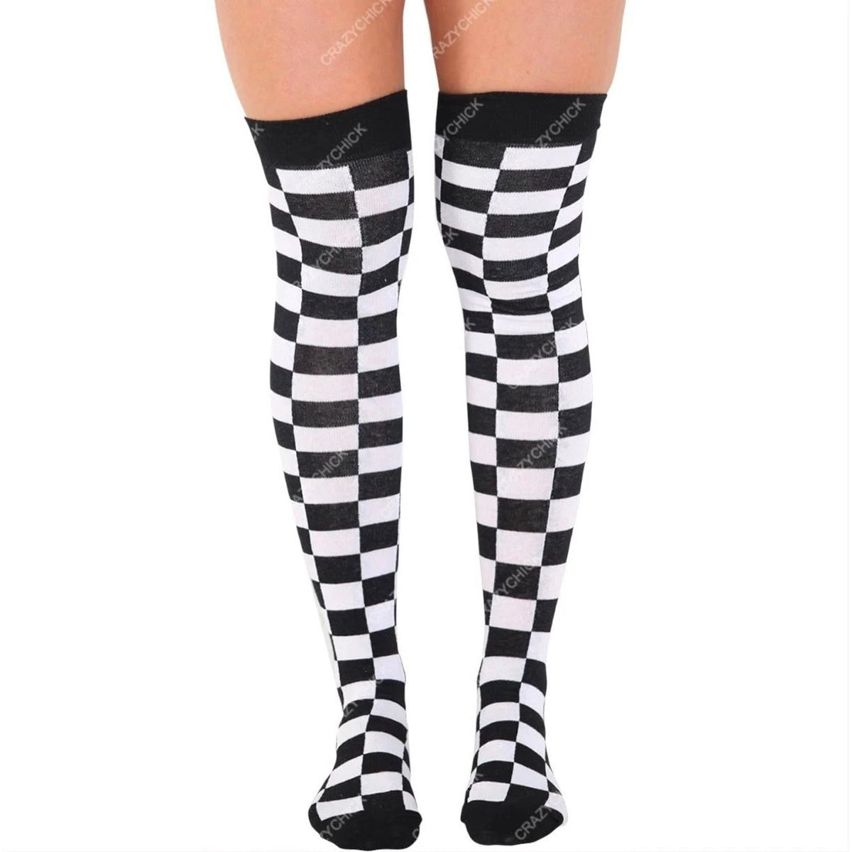 Ladies WPC Black White Chequered Over the Knee Socks UK 4-6