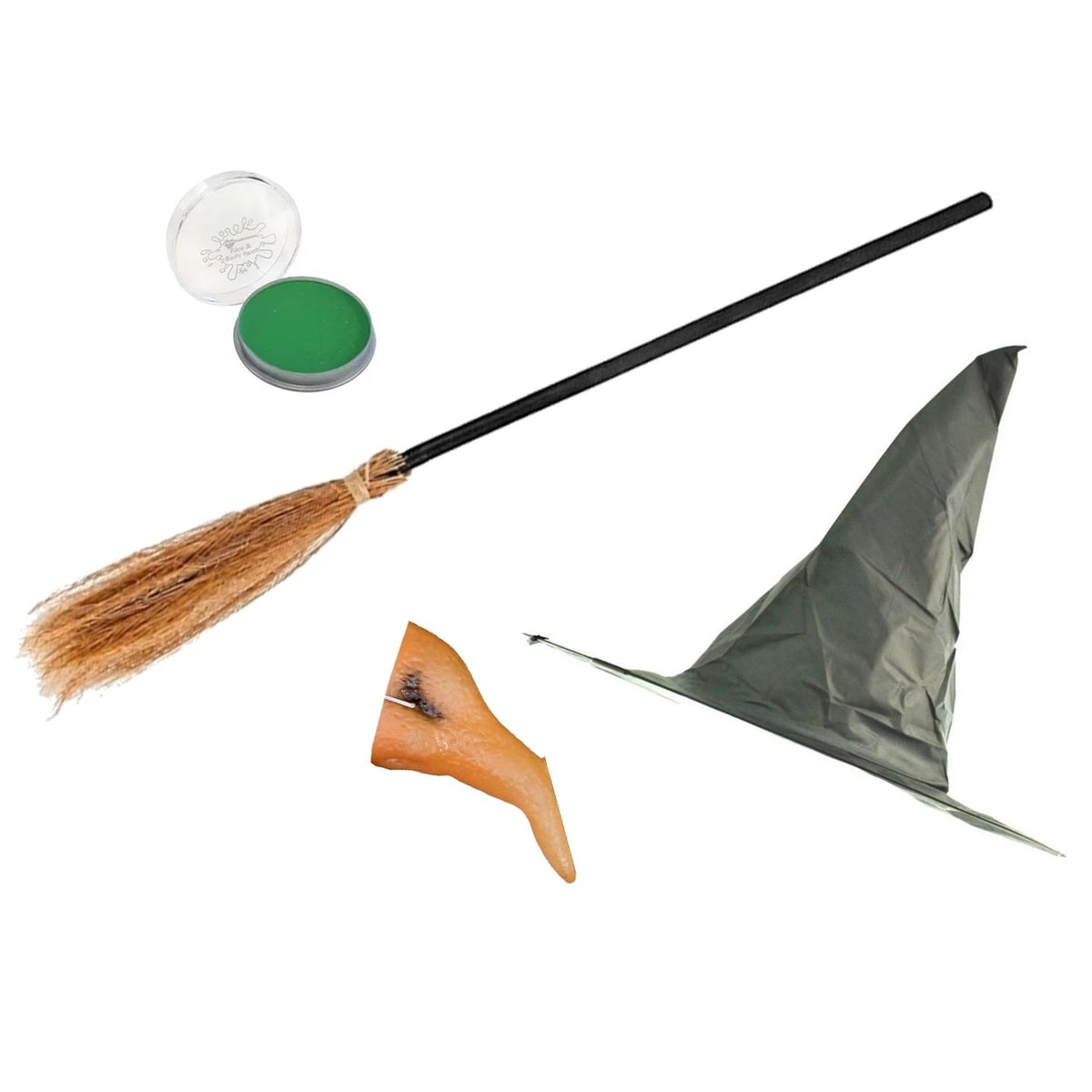 Childs Halloween Wicked Witch Hat Nose Green Face Paint Broom Fancy Dress Accessories
