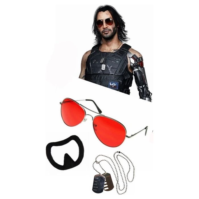 Cyberpunk Johnny Silverhand Red Sunglasses Goatee & Dog Tags Halloween