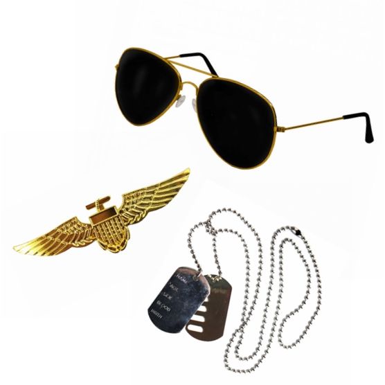 Veteran Air Pilot Forces Gold Rimmed Sunglasses Gold Aviator Pin Badge & Dog Tag