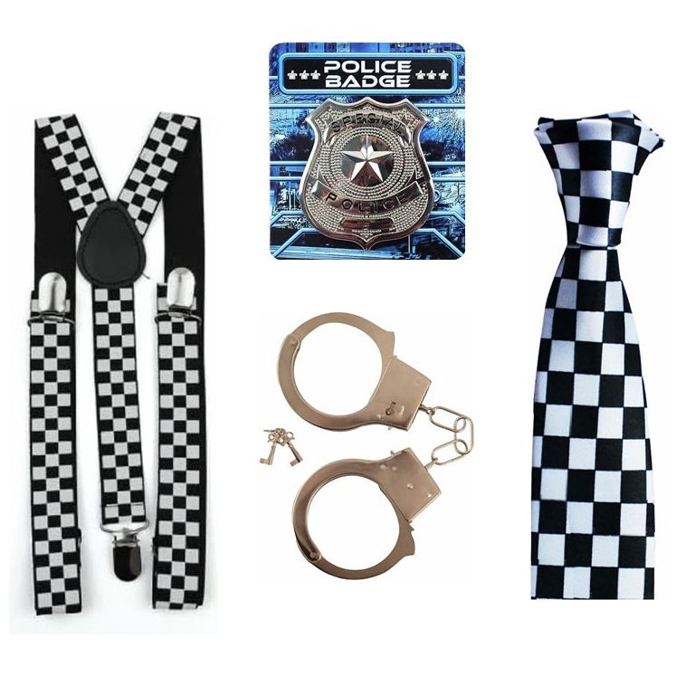 4 Piece Police Cop Black & White Chequered Fancy Dress Set