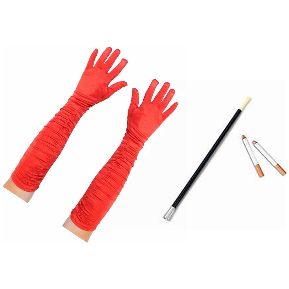Cruella Deville Long Red Ruched Satin Gloves Extended Cigarette Holder & 2 Fake Cigarettes - Manchester Fancy Dress