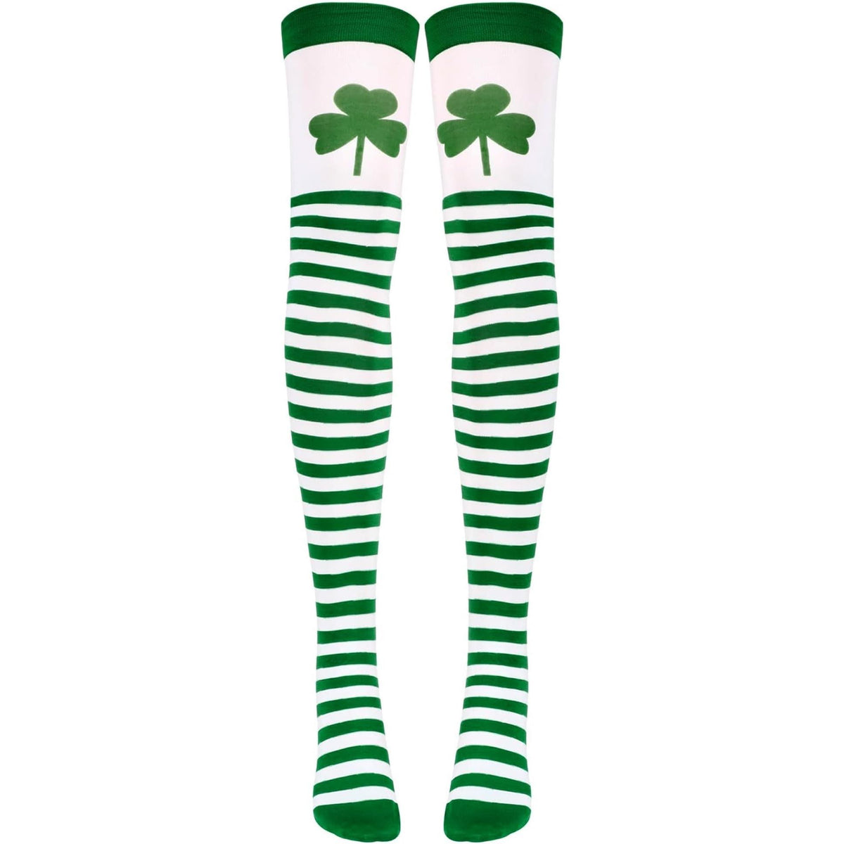 St Patricks Shamrock Green & White Striped Over the Knee Socks UK 4-7