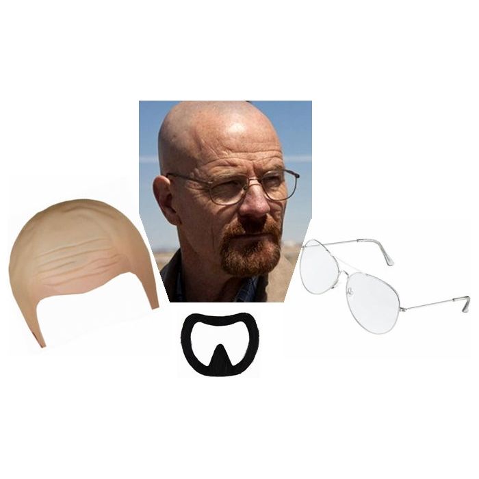 Walter White Clear Square Framed Glasses Goatee Beard & Bald Cap Set