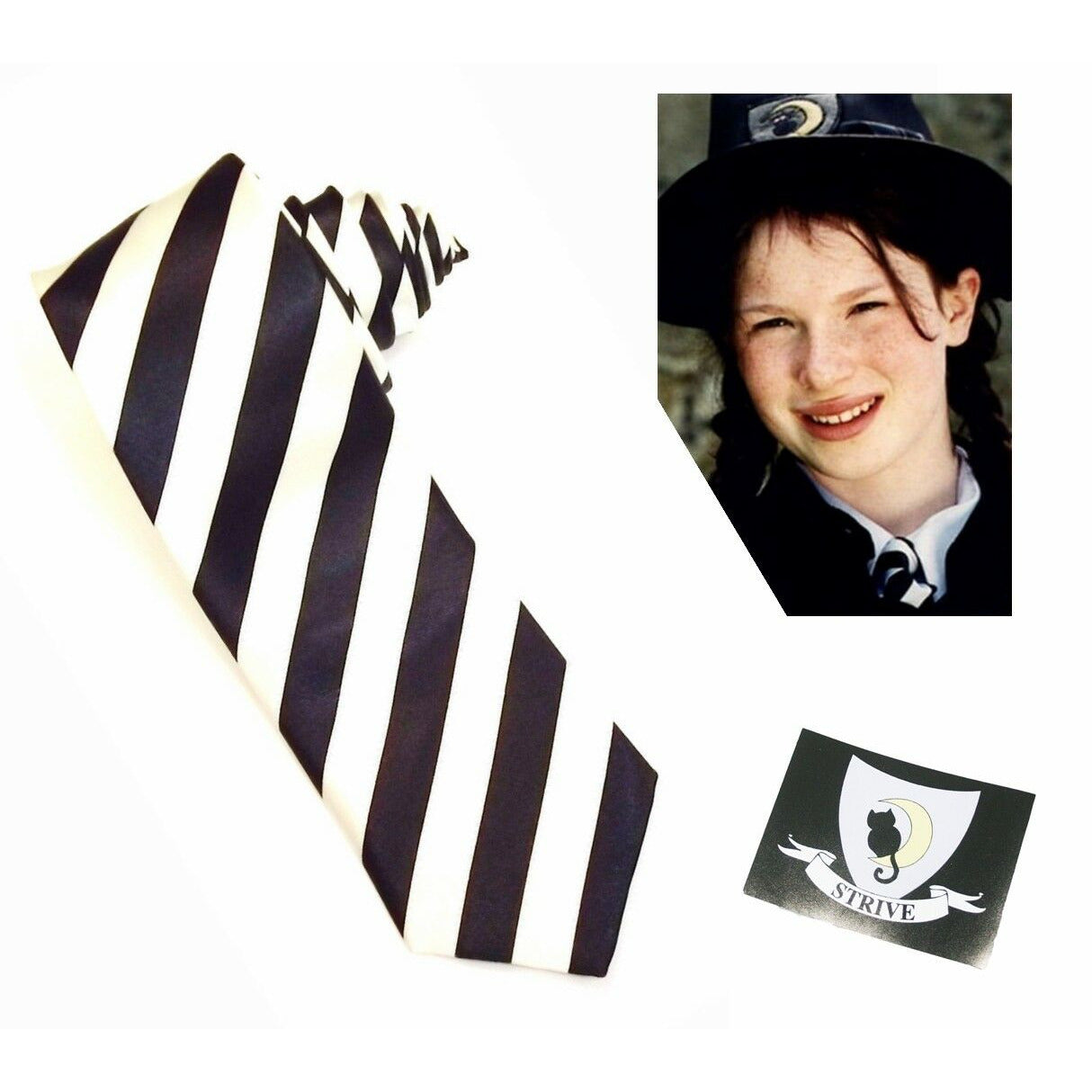 Worst Witch Mildred Hubble Black & White Neck Tie with Strive Badge - Manchester Fancy Dress