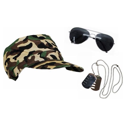 Military Cap Sunglasses & Dog Tags Set - Manchester Fancy Dress