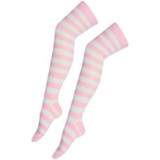 Ladies Baby Pink White Striped Over the Knee Socks UK 4-7