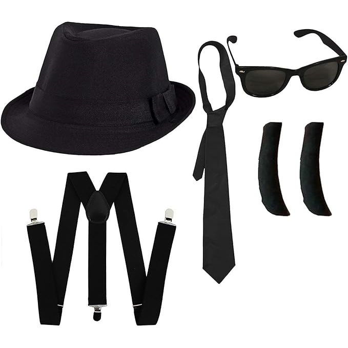 Adult Blues Brothers Black Trilby Hat Tie Braces Sunglasses and Sideburns Set - Manchester Fancy Dress