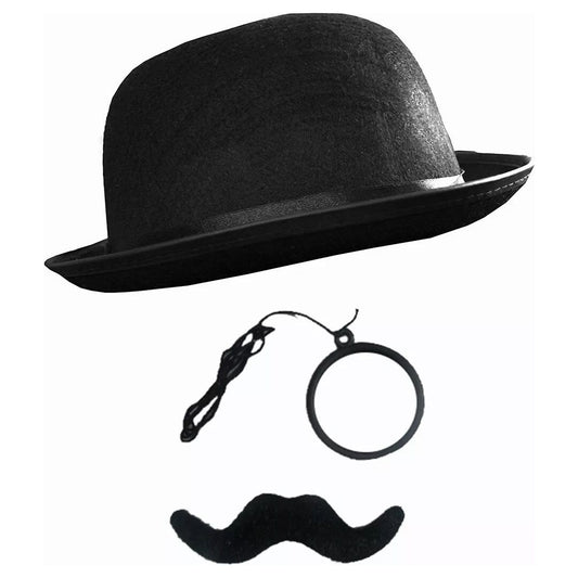 1920s Victorian Gentleman Bowler Hat Monocle and Moustache Set - Manchester Fancy Dress