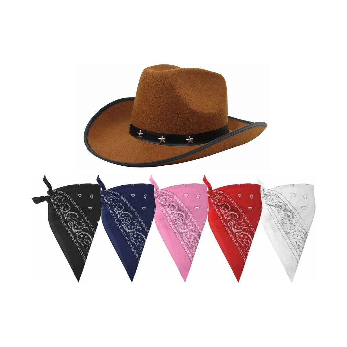 Brown Cowboy Stetson Hat with Choice of Paisley Bandana Set - Manchester Fancy Dress