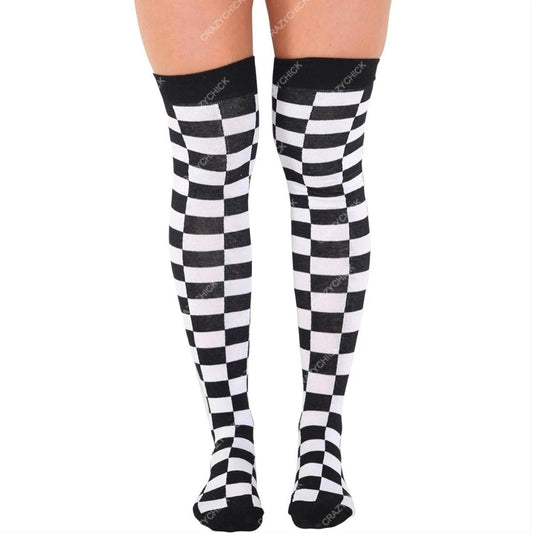 Ladies WPC Black White Chequered Over the Knee Socks UK 4-6