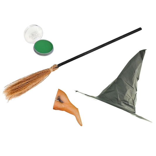 Childs Halloween Wicked Witch Hat Nose Green Face Paint Broom Fancy Dress Accessories
