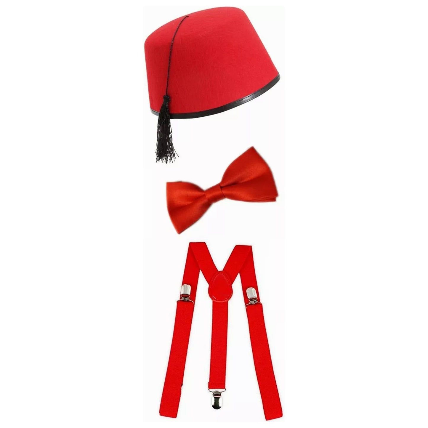 Adult Dr Who Red Fez Hat, Bow Tie & Braces Set - Manchester Fancy Dress