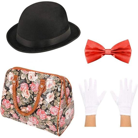 Adult's Mary Poppins Bowler Hat Bow Tie Gloves & Carpet Bag Set - Manchester Fancy Dress