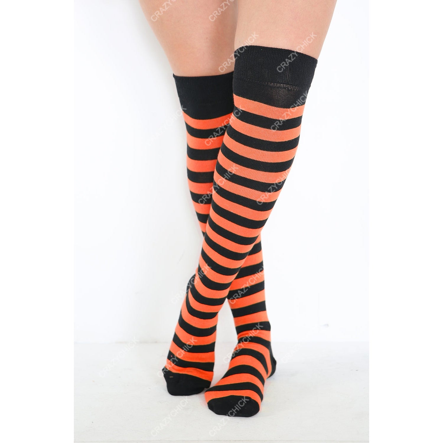 Ladies Red White Orange White Black Green Striped Over the Knee