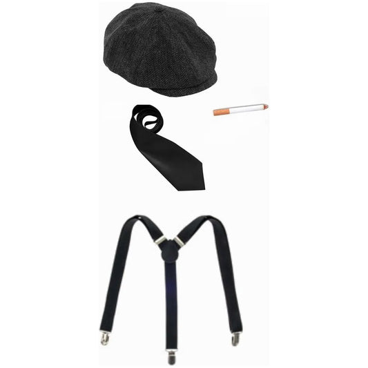 Mens Peaky Blinders Cap Braces Tie & Fake Cigarette - Manchester Fancy Dress