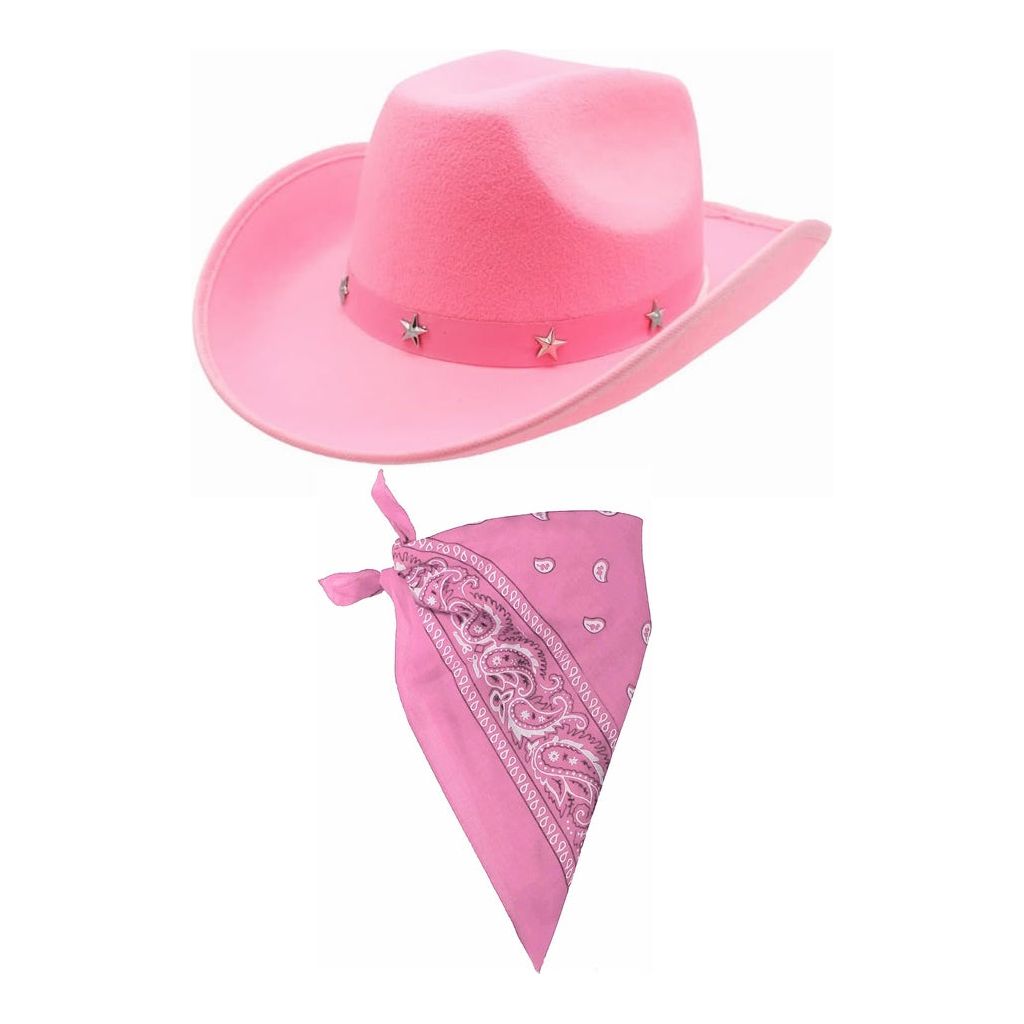 Ladies Pink Cowboy Hat with Pink Paisley Bandana - Manchester Fancy Dress