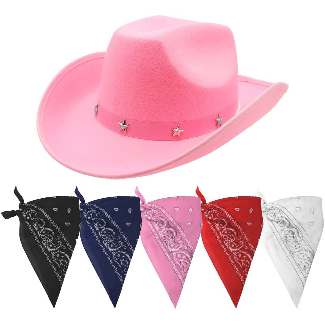 Ladies Pink Cowboy Stetson Hat with Choice of Paisley Bandana Set - Manchester Fancy Dress