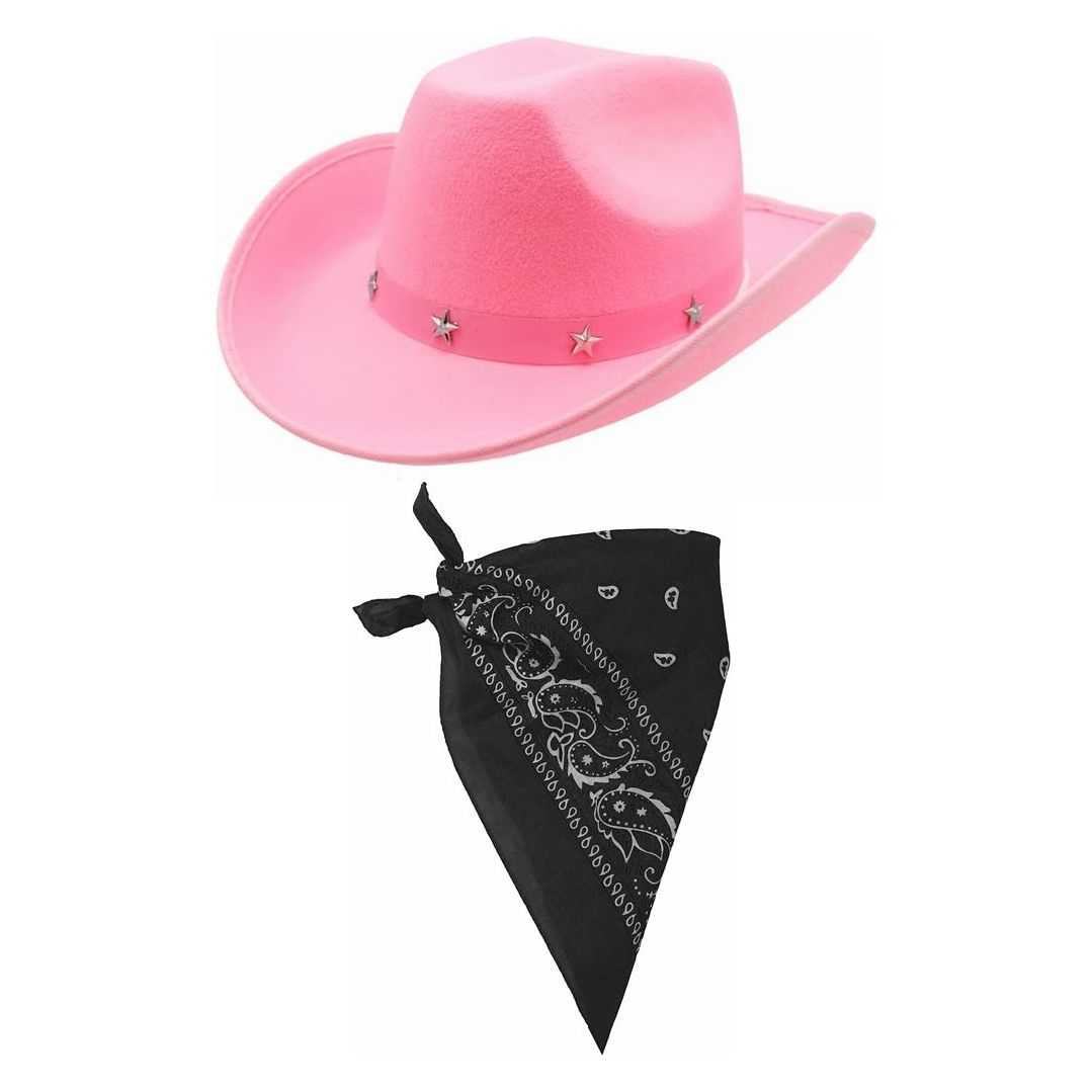 Ladies Pink Cowboy Stetson Hat with Choice of Paisley Bandana Set - Manchester Fancy Dress