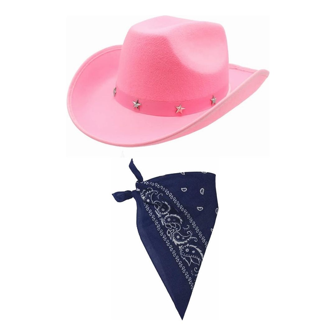 Ladies Pink Cowboy Stetson Hat with Choice of Paisley Bandana Set - Manchester Fancy Dress