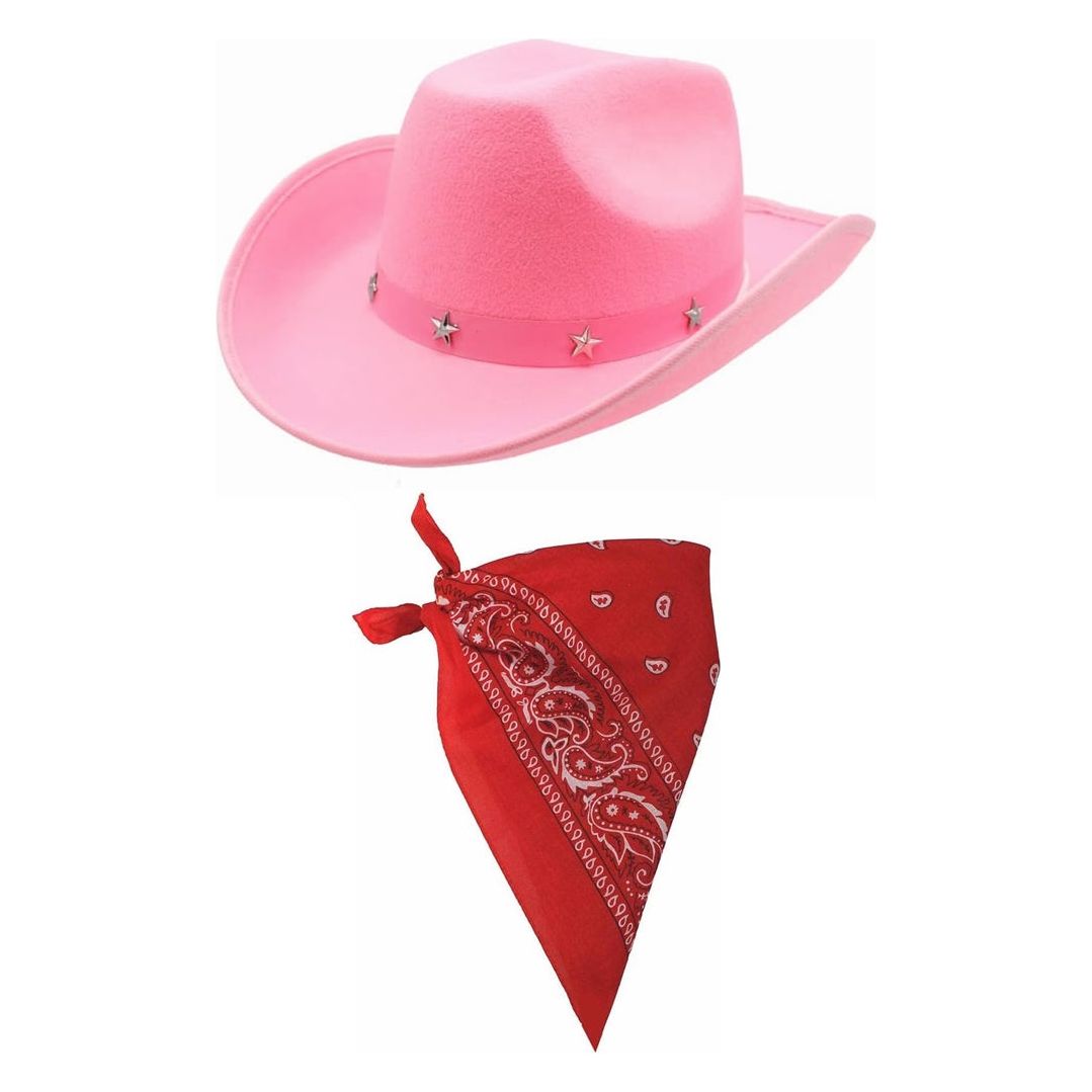 Ladies Pink Cowboy Stetson Hat with Choice of Paisley Bandana Set - Manchester Fancy Dress