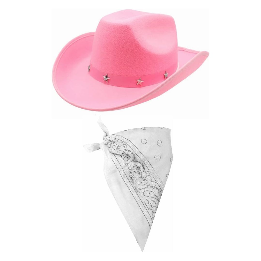 Ladies Pink Cowboy Stetson Hat with Choice of Paisley Bandana Set - Manchester Fancy Dress