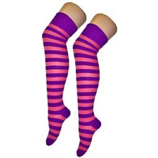 Ladies Cheshire Cat Alice Pink Purple Striped Over the Knee Socks UK 4-7