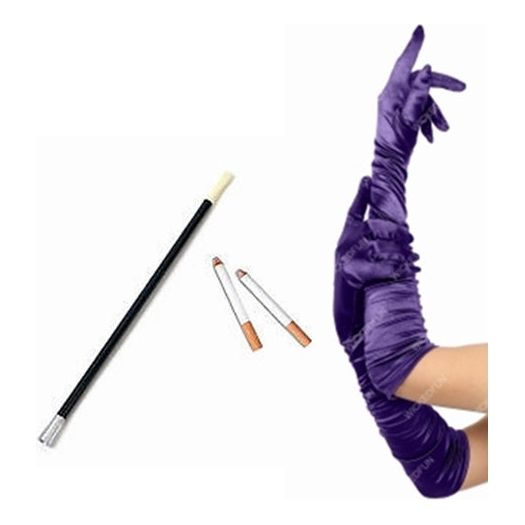 Jeesica Rabbit Long Purple Ruched Gloves with Extended Cigarette Holder & Fake Cigarettes