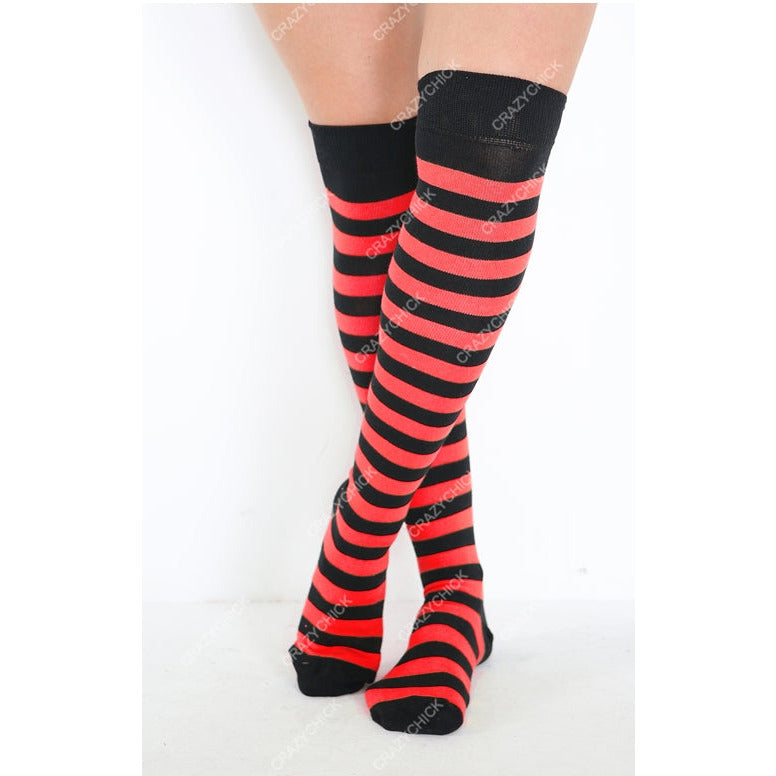 Ladies Red White Orange White Black Green Striped Over the Knee Socks - Manchester Fancy Dress