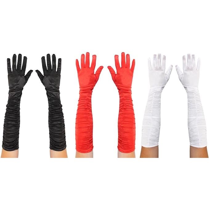 Red White Black Ruched Long Satin Flapper Gloves - Manchester Fancy Dress