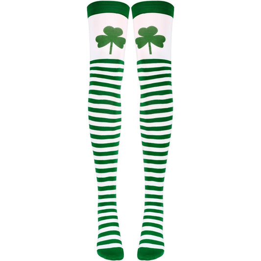 St Patricks Shamrock Green & White Striped Over the Knee Socks UK 4-7