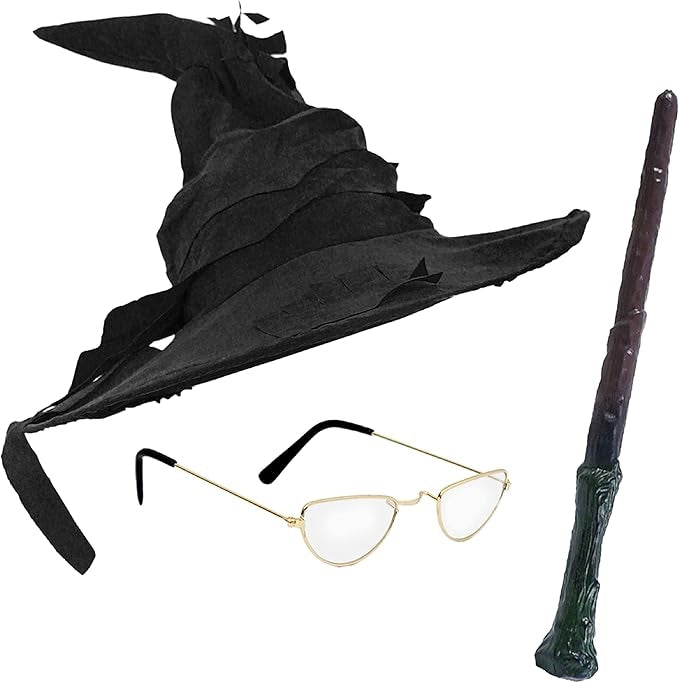 Magical Witch Professor Tatty Hat Half Moon Glasses & Branch Wand Set