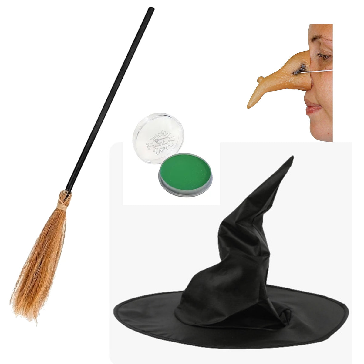 Halloween Wicked Witch Hat Nose Green Face Paint Broom Fancy Dress Accessories