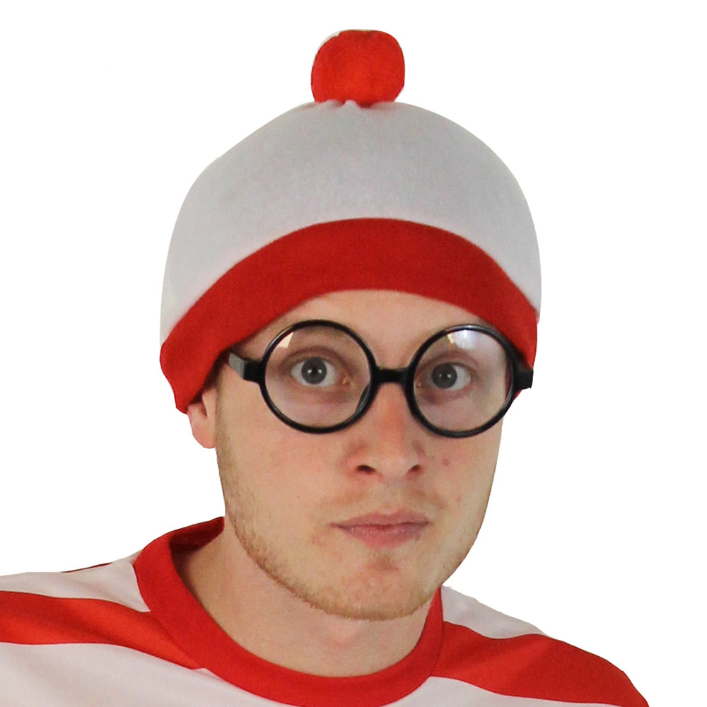 Where's Wally Adult White Bobble Hat with Red Pom Pom - Manchester Fancy Dress